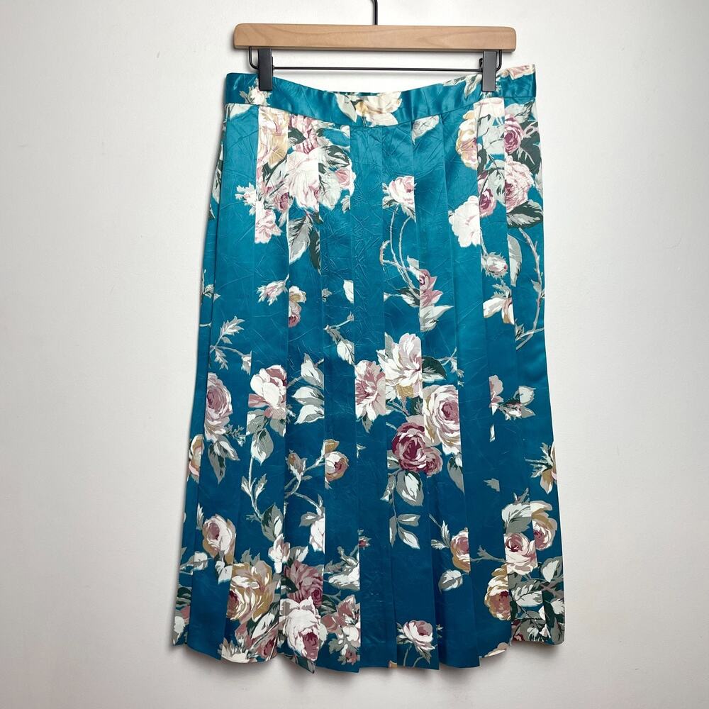 Vintage Handmade Floral Satin Pleated Midi Skirt Medium Feminine Romantic